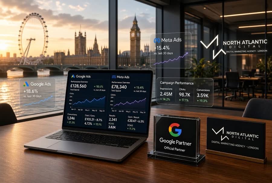 North Atlantic Digital office with London skyline and ad performance dashboards
